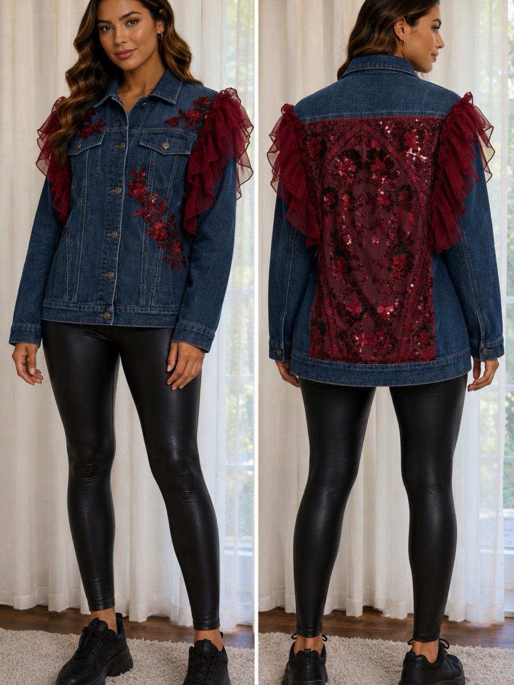 Embellished Denim Jean Jacket with Red Accents
